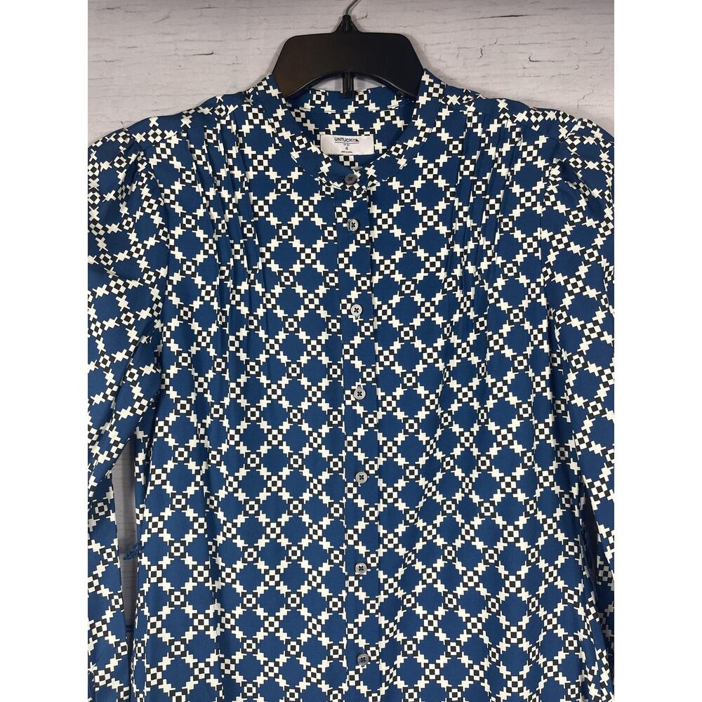 UNTUCKit Shirt Dress Womens 4 Blue Geometric Long Sleeve Knee Length Pockets - Picture 2 of 14